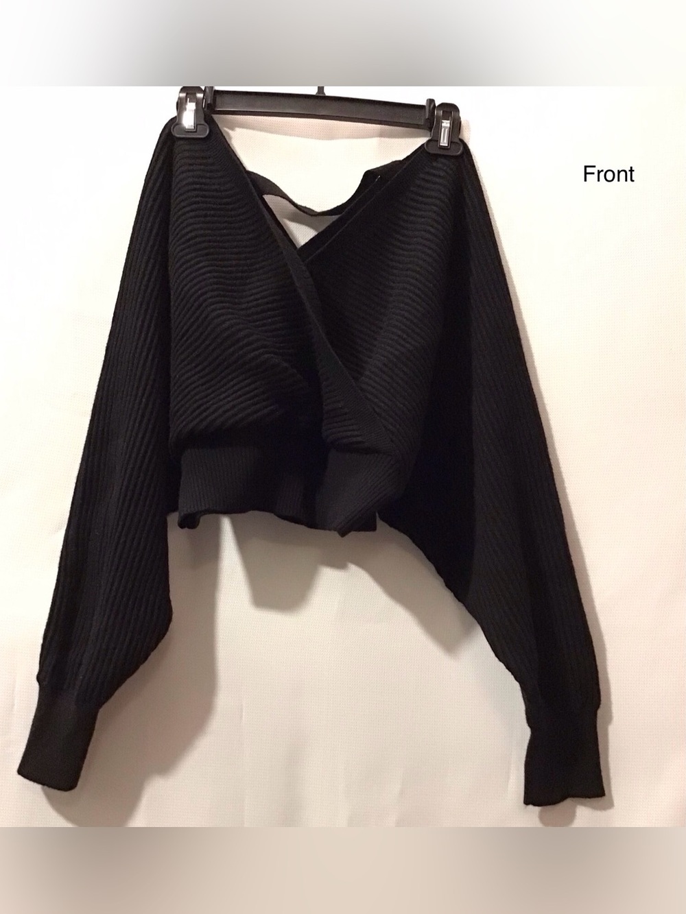 549 Forever 21 Black Off-the-Shoulder Cropped Ribbed Wrap Sweater